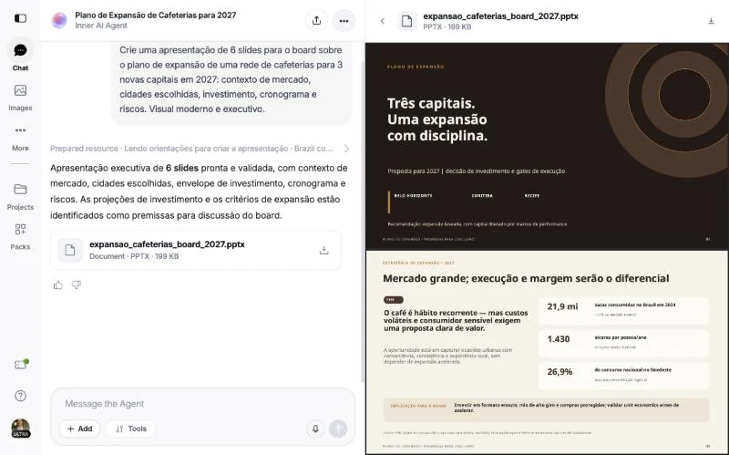 Tela da Inner AI com o chat do Agente à esquerda e o preview da apresentação à direita
