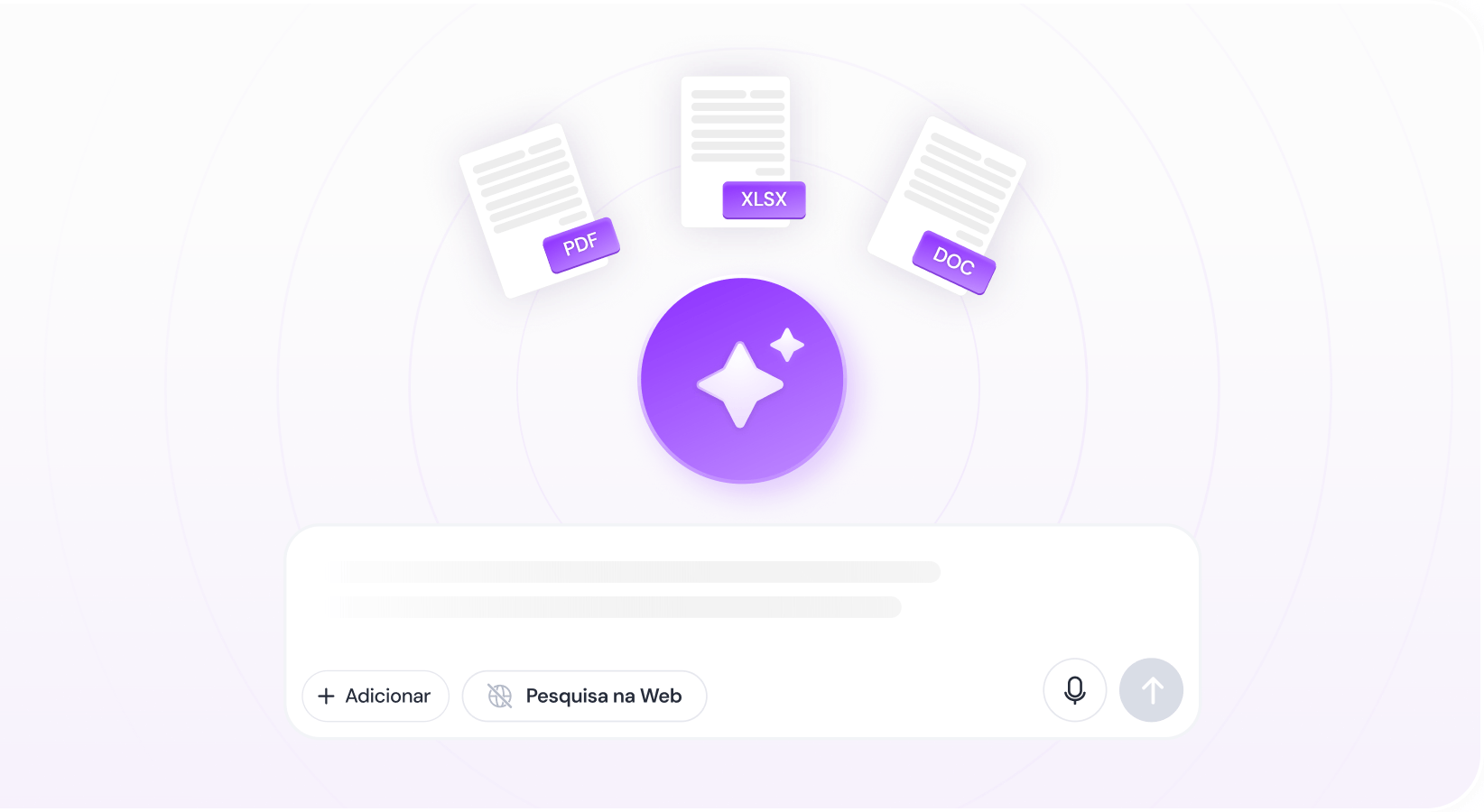 Campo de chat da Inner AI cercado por arquivos PDF, XLSX e DOC prontos para análise