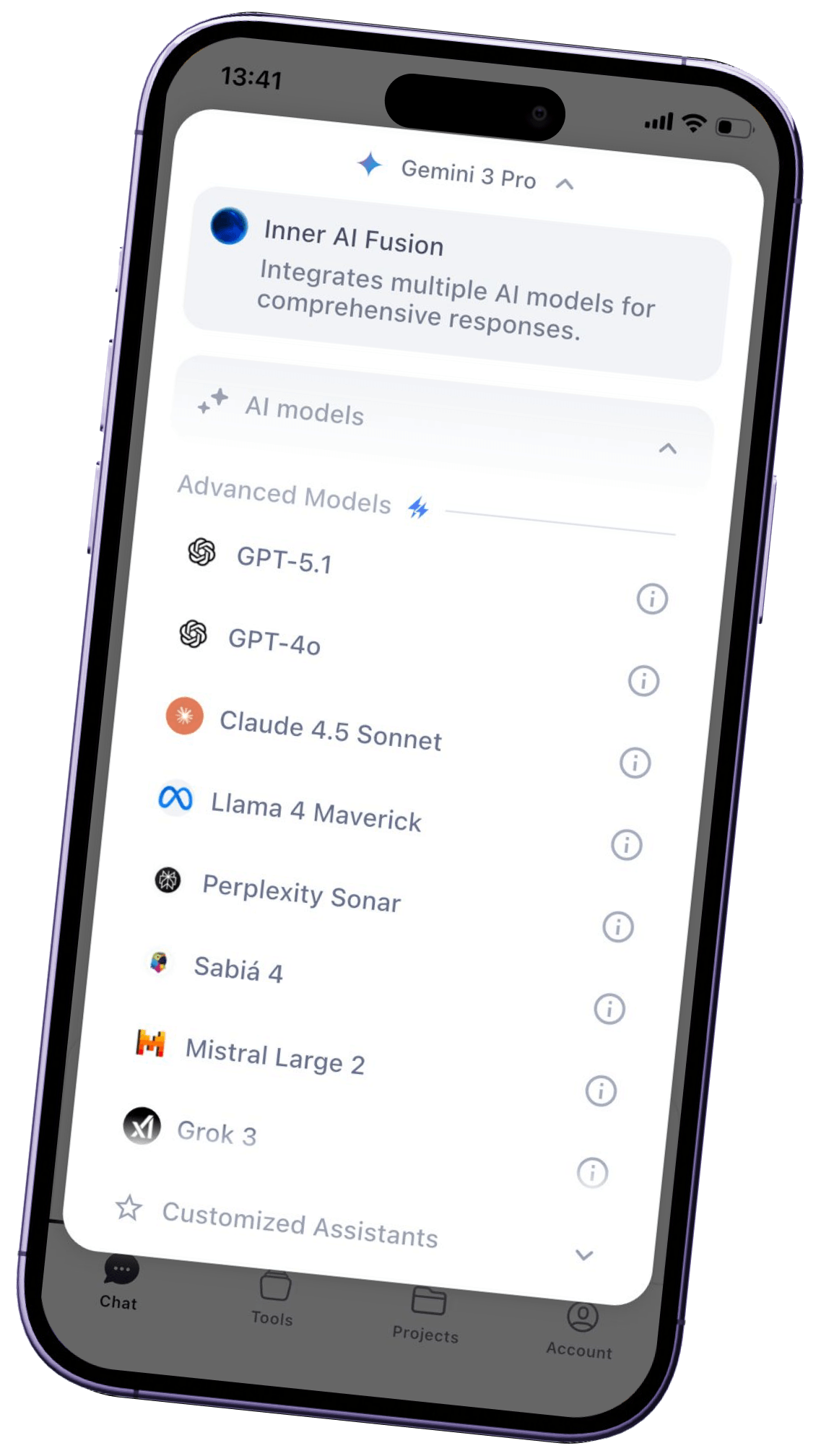 Aplicativo da Inner AI mostrando a lista de modelos de IA disponíveis
