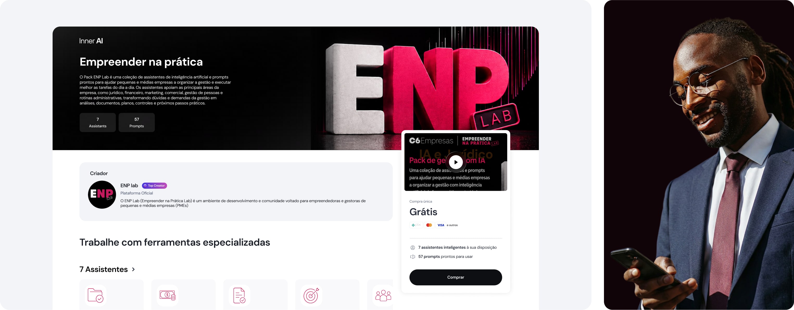 Pack Empreender na Prática dentro da Inner AI, com 7 assistentes, 57 prompts e 10 templates, ao lado de uma foto do criador do ENP Lab