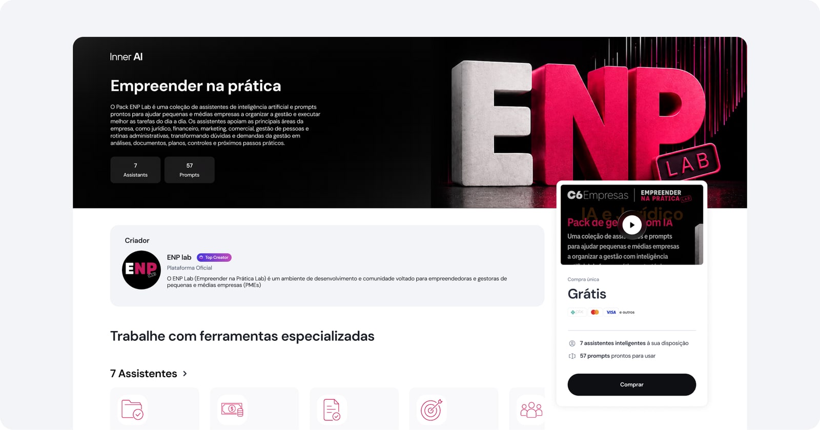 Pack Empreender na Prática dentro da Inner AI, com 7 assistentes, 57 prompts e 10 templates, ao lado de uma foto do criador do ENP Lab