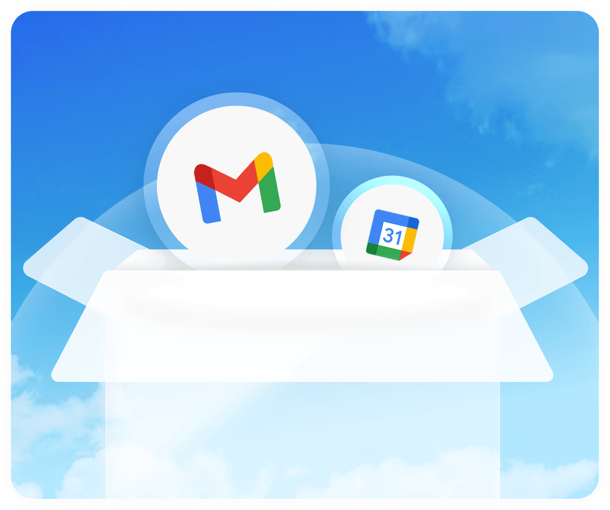 Caixa aberta com os ícones do Gmail e do Google Calendar saindo de dentro dela