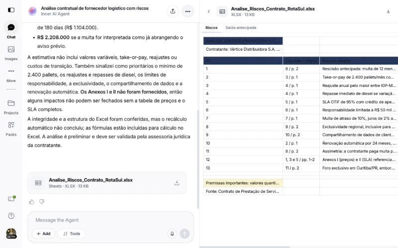 Resposta do Agente com a planilha aberta ao lado