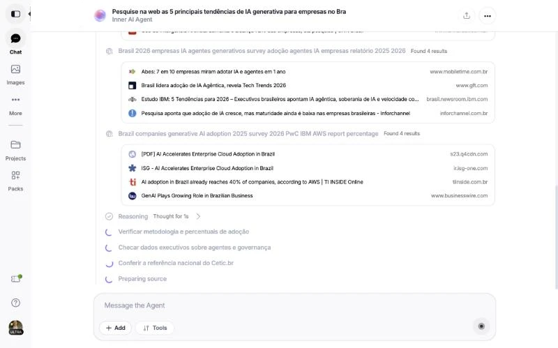 Agente executando buscas em paralelo e listando resultados